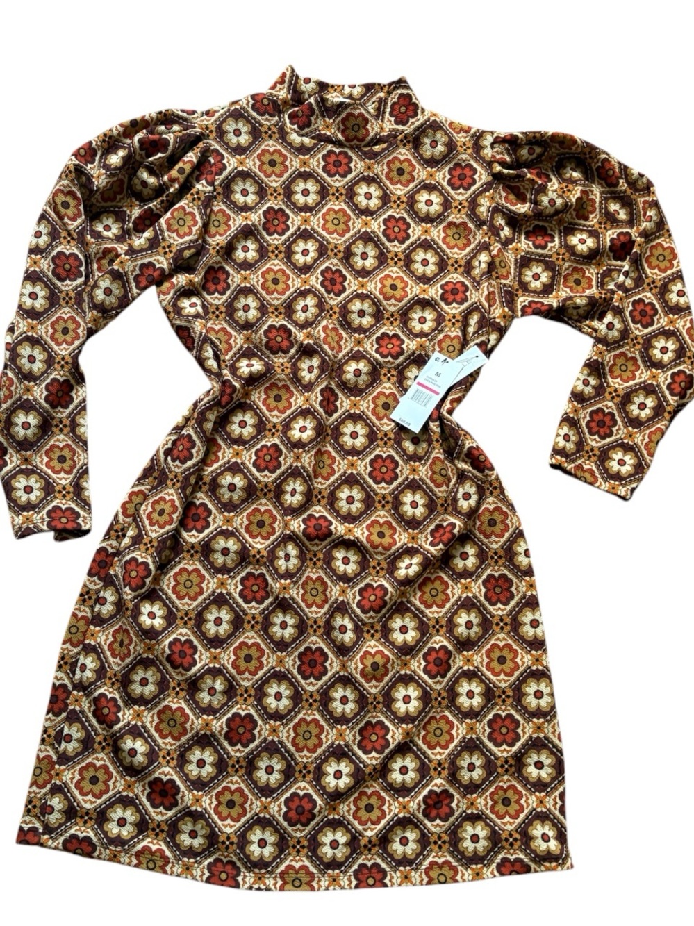 Emma & Michele Retro Floral Midi Dress in Brown, Rust & Cream
